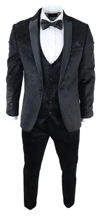 Traje de tres piezas para hombre Marc Darcy de terciopelo con estampado paisley en negro, chaqueta de esmoquin para cena o boda.