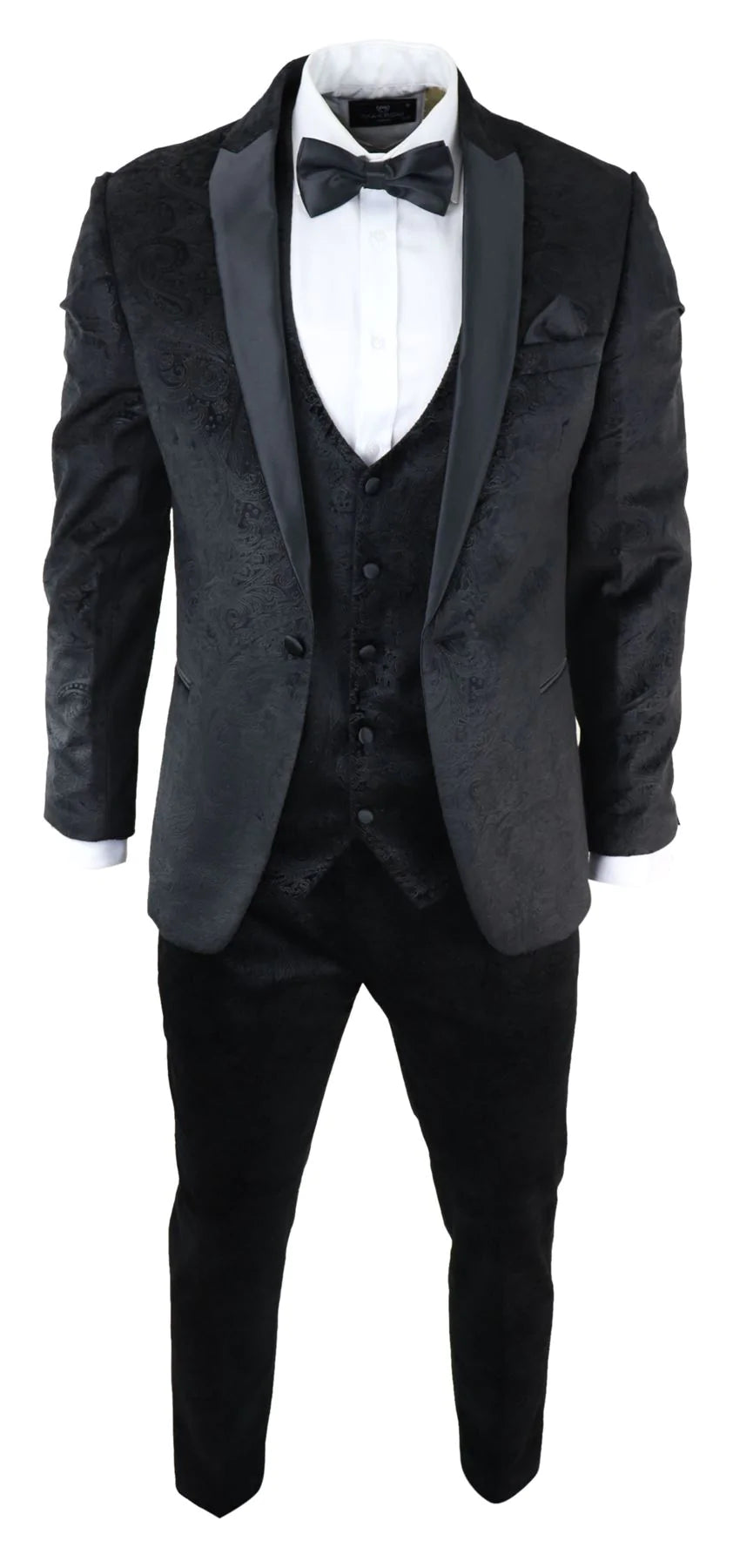 Traje de tres piezas para hombre Marc Darcy de terciopelo con estampado paisley en negro, chaqueta de esmoquin para cena o boda.