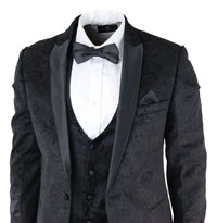 Traje de tres piezas para hombre Marc Darcy de terciopelo con estampado paisley en negro, chaqueta de esmoquin para cena o boda.