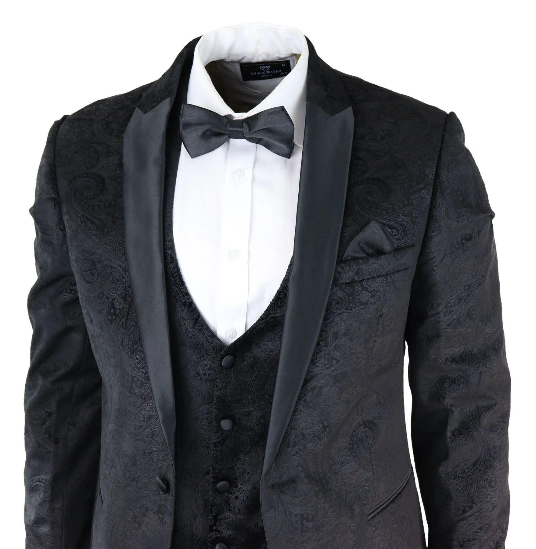 Traje de tres piezas para hombre Marc Darcy de terciopelo con estampado paisley en negro, chaqueta de esmoquin para cena o boda.