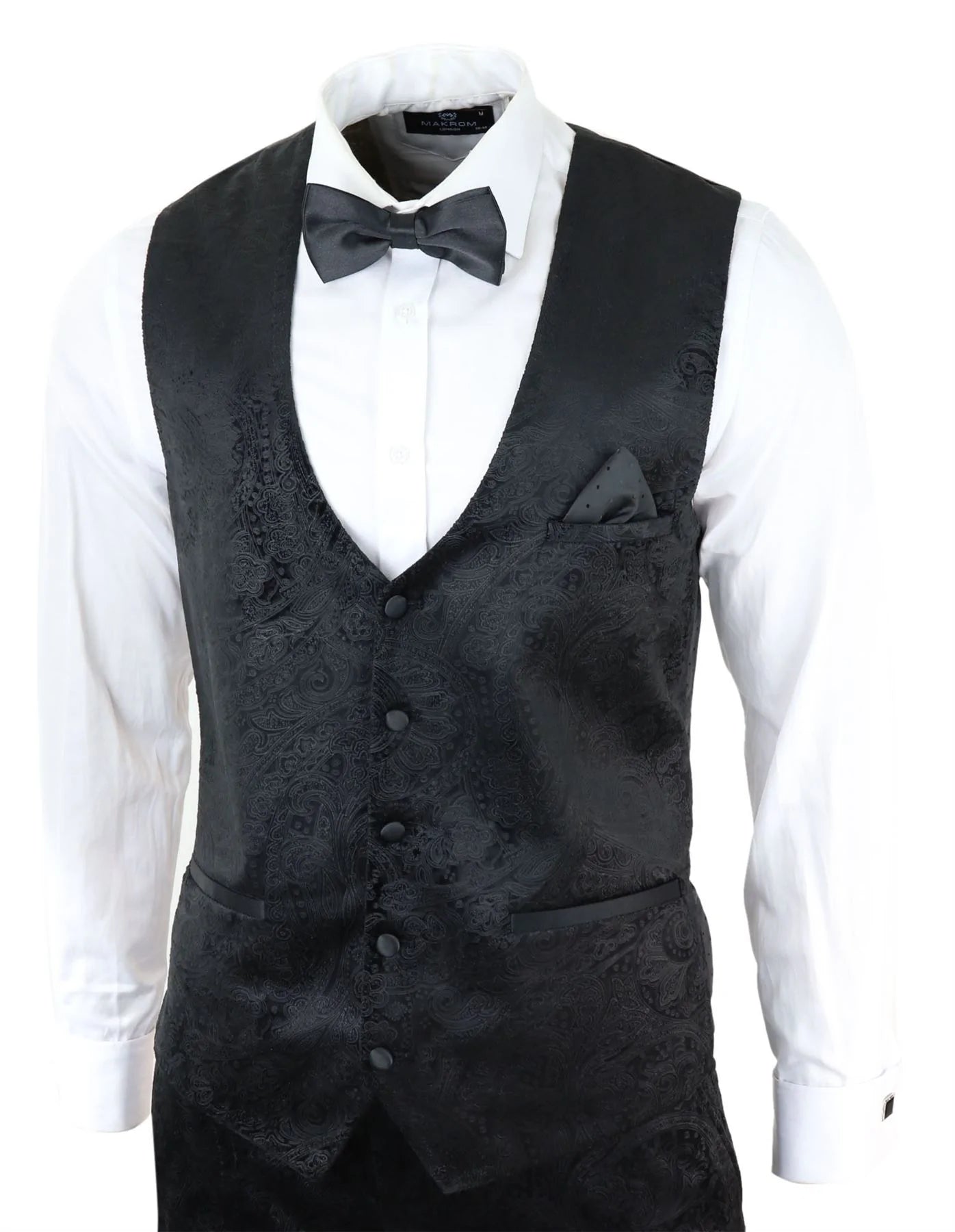 Traje de tres piezas para hombre Marc Darcy de terciopelo con estampado paisley en negro, chaqueta de esmoquin para cena o boda.