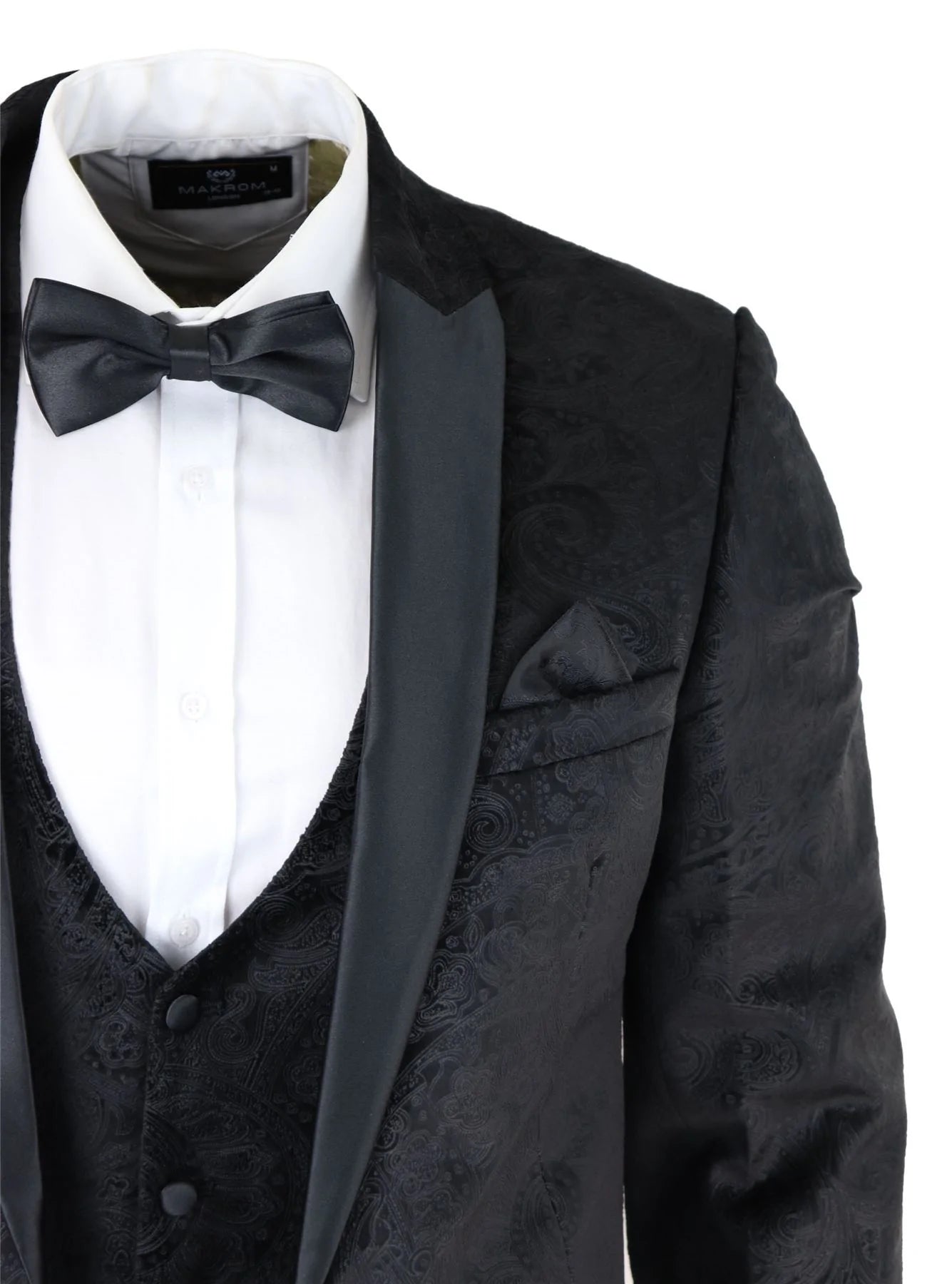 Traje de tres piezas para hombre Marc Darcy de terciopelo con estampado paisley en negro, chaqueta de esmoquin para cena o boda.