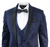 Traje de tres piezas para hombre Marc Darcy de terciopelo con estampado paisley azul, chaqueta de esmoquin para cena o boda.