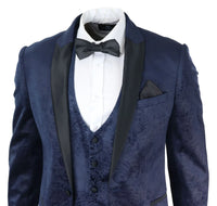 Traje de tres piezas para hombre Marc Darcy de terciopelo con estampado paisley azul, chaqueta de esmoquin para cena o boda.