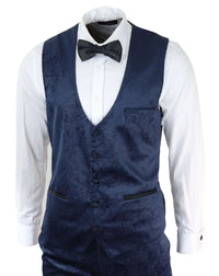 Traje de tres piezas para hombre Marc Darcy de terciopelo con estampado paisley azul, chaqueta de esmoquin para cena o boda.