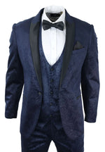 Traje de tres piezas para hombre Marc Darcy de terciopelo con estampado paisley azul, chaqueta de esmoquin para cena o boda.