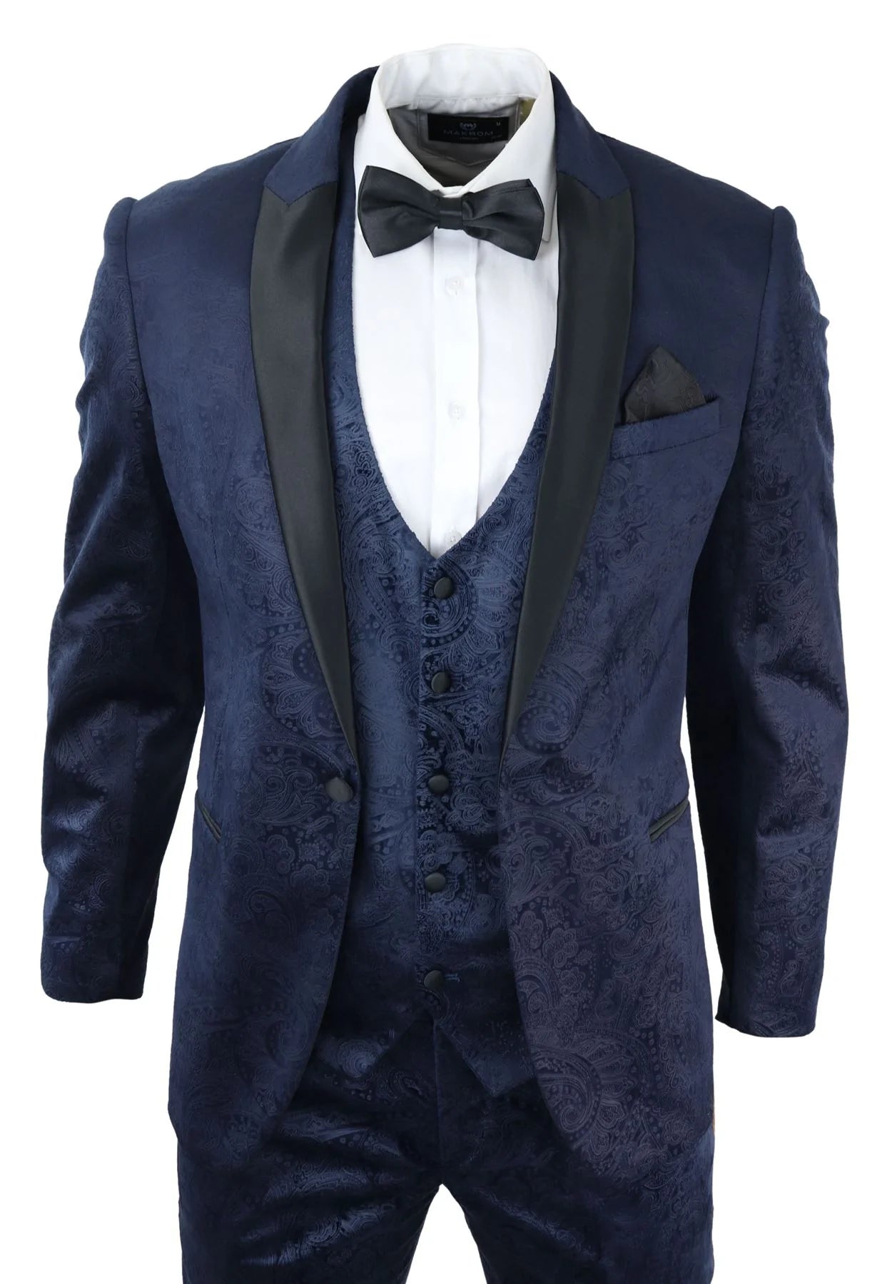 Traje de tres piezas para hombre Marc Darcy de terciopelo con estampado paisley azul, chaqueta de esmoquin para cena o boda.