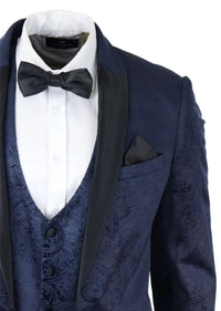Traje de tres piezas para hombre Marc Darcy de terciopelo con estampado paisley azul, chaqueta de esmoquin para cena o boda.