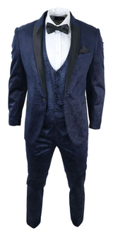 Traje de tres piezas para hombre Marc Darcy de terciopelo con estampado paisley azul, chaqueta de esmoquin para cena o boda.
