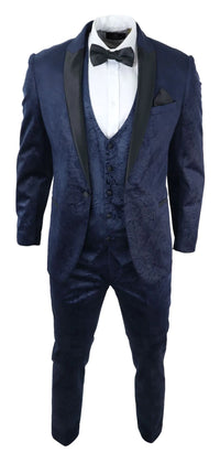 Traje de tres piezas para hombre Marc Darcy de terciopelo con estampado paisley azul, chaqueta de esmoquin para cena o boda.