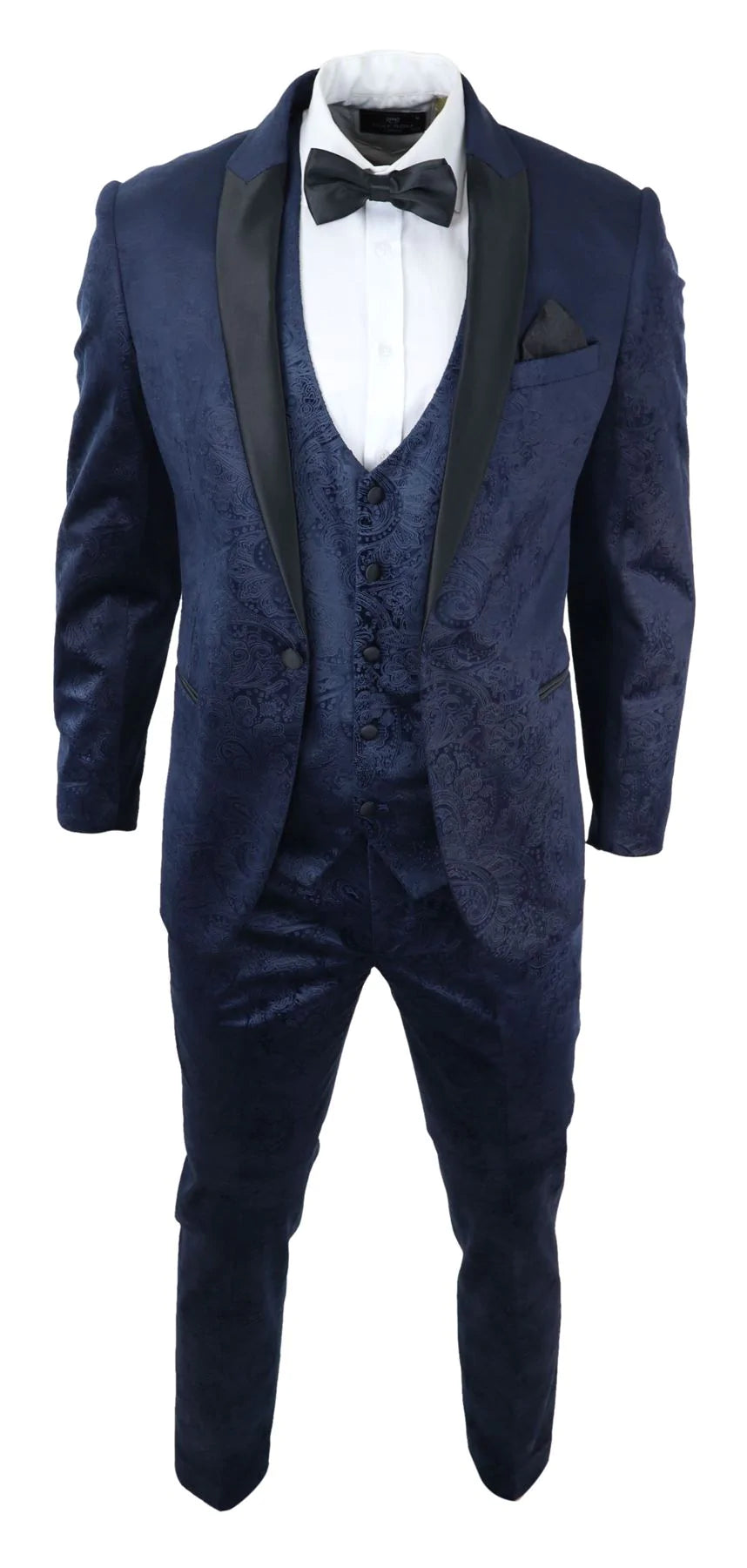 Traje de tres piezas para hombre Marc Darcy de terciopelo con estampado paisley azul, chaqueta de esmoquin para cena o boda.
