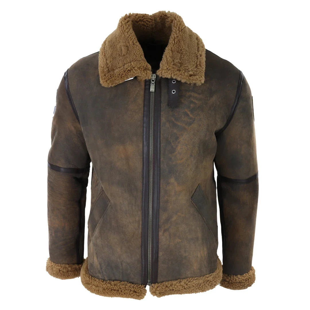 Chaqueta de aviador para hombre de piel de oveja marrón envejecida con cremallera y forro de pelo de camello, estilo clásico de invierno.