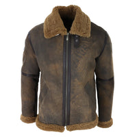 Chaqueta de aviador para hombre de piel de oveja marrón envejecida con cremallera y forro de pelo de camello, estilo clásico de invierno.