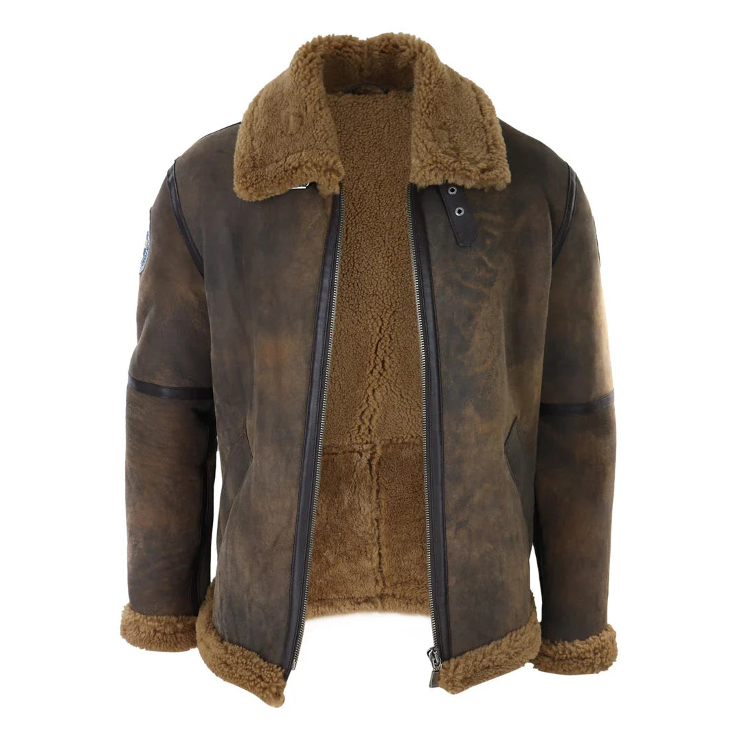 Chaqueta de aviador para hombre de piel de oveja marrón envejecida con cremallera y forro de pelo de camello, estilo clásico de invierno.