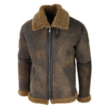 Chaqueta de aviador para hombre de piel de oveja marrón envejecida con cremallera y forro de pelo de camello, estilo clásico de invierno.