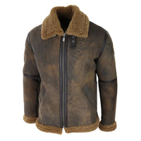 Chaqueta de aviador para hombre de piel de oveja marrón envejecida con cremallera y forro de pelo de camello, estilo clásico de invierno.