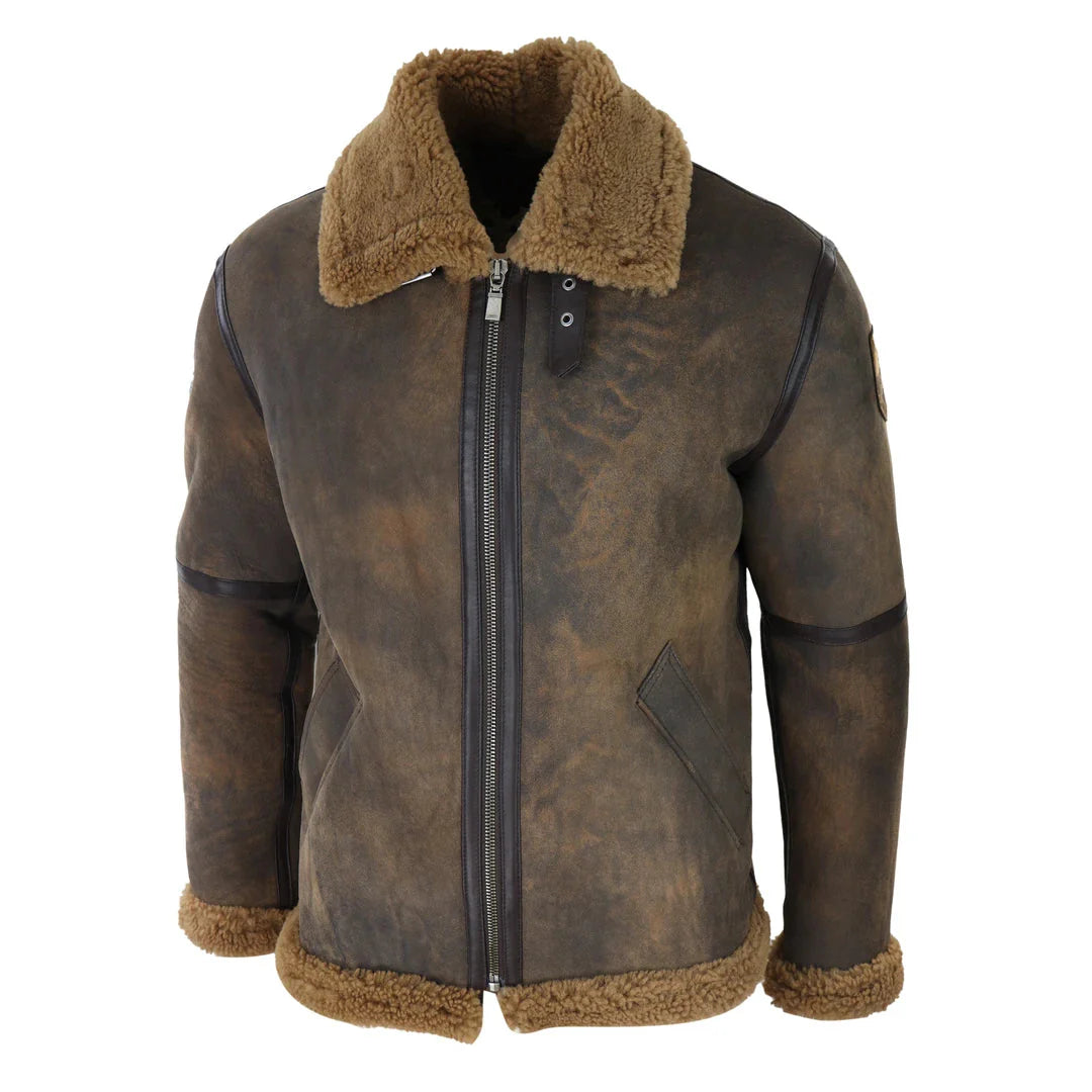 Chaqueta de aviador para hombre de piel de oveja marrón envejecida con cremallera y forro de pelo de camello, estilo clásico de invierno.