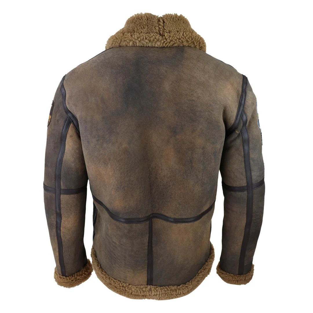 Chaqueta de aviador para hombre de piel de oveja marrón envejecida con cremallera y forro de pelo de camello, estilo clásico de invierno.