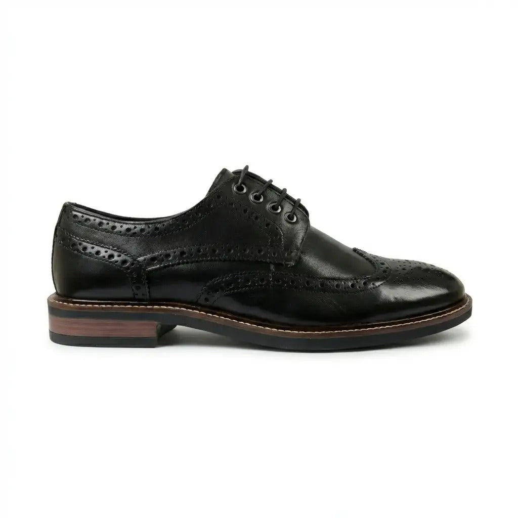 Stokes - Zapatos de hombre de cuero negro con puntera alada y cordones, estilo brogue.