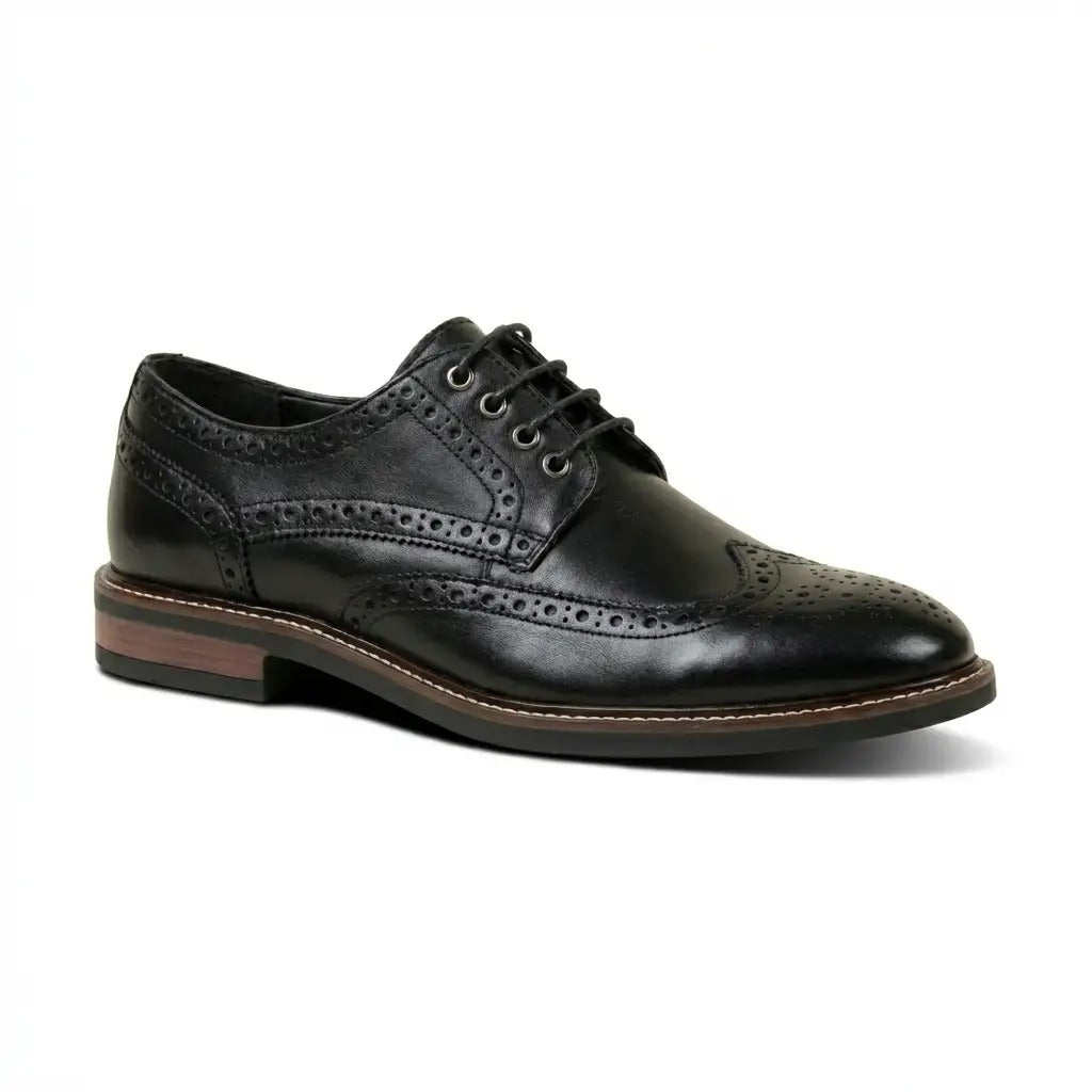 Stokes - Zapatos de hombre de cuero negro con puntera alada y cordones, estilo brogue.