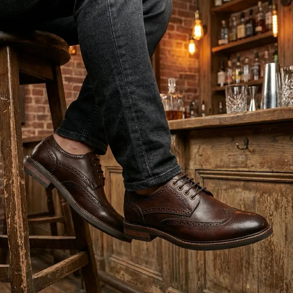 Zapatos Stokes para hombre, de piel marrón, con puntera de ala y cordones, estilo brogue.