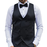 Chaleco cruzado de satén negro para hombre. Chaleco de etiqueta negro para cena.
