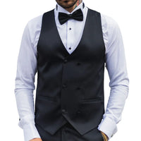 Chaleco cruzado de satén negro para hombre. Chaleco de etiqueta negro para cena.