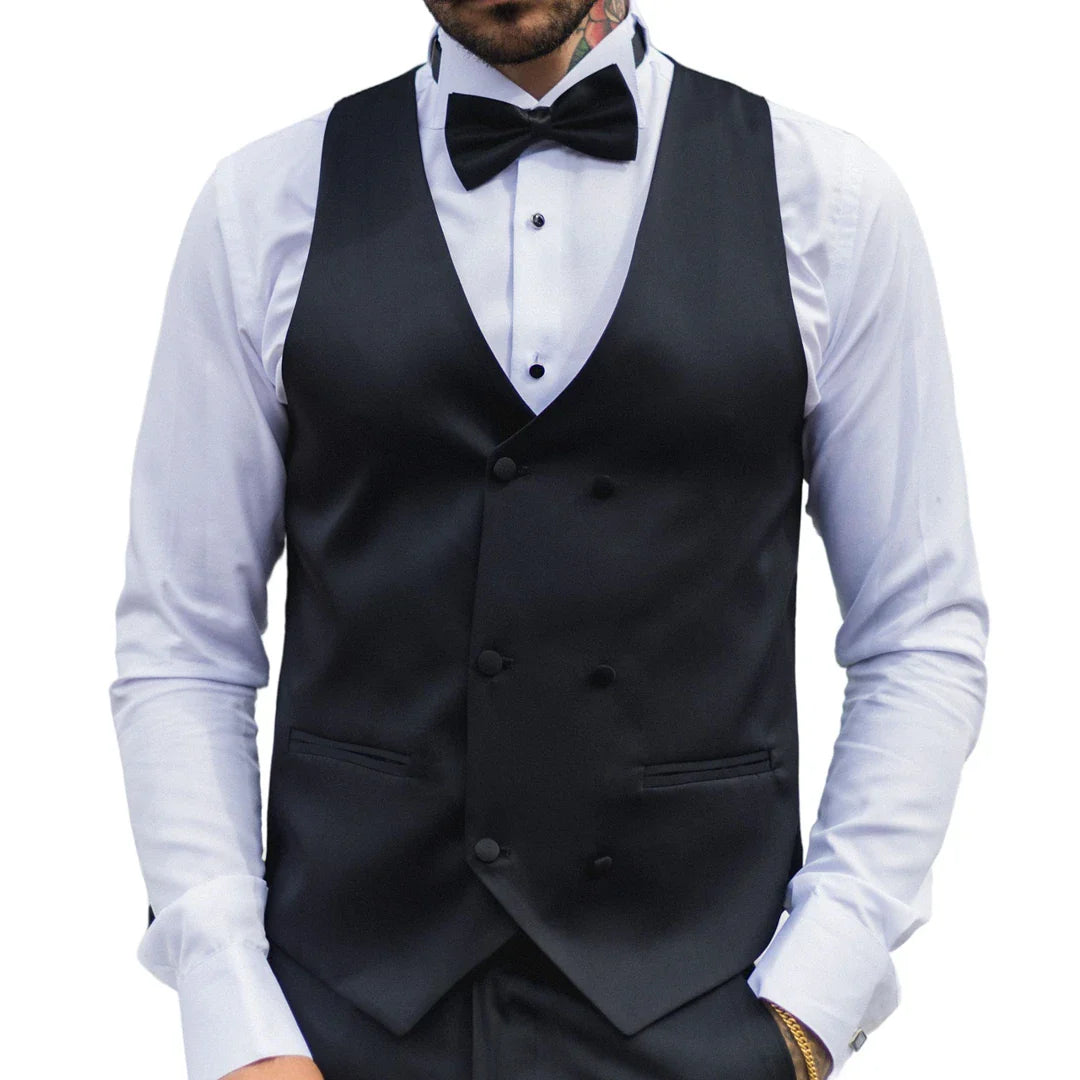 Chaleco cruzado de satén negro para hombre. Chaleco de etiqueta negro para cena.