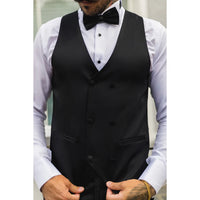 Chaleco cruzado de satén negro para hombre. Chaleco de etiqueta negro para cena.
