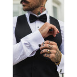 Chaleco cruzado de satén negro para hombre. Chaleco de etiqueta negro para cena.