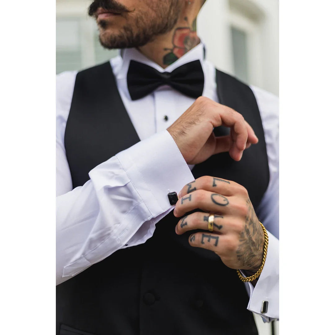 Chaleco cruzado de satén negro para hombre. Chaleco de etiqueta negro para cena.