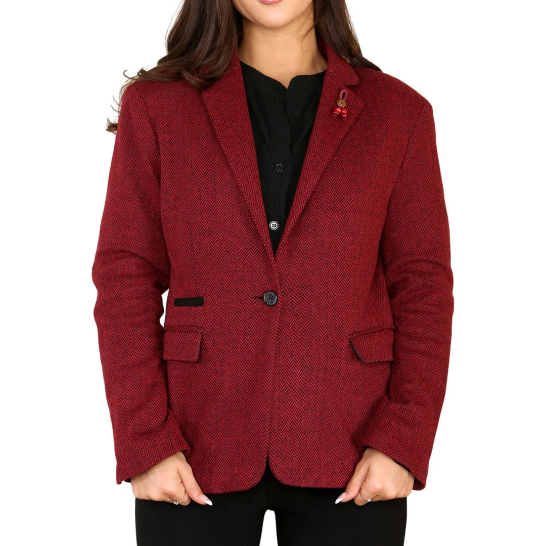 Chaqueta tipo blazer de tweed con estampado de espiga para mujer, color rojo vino, estilo clásico de los años 20.