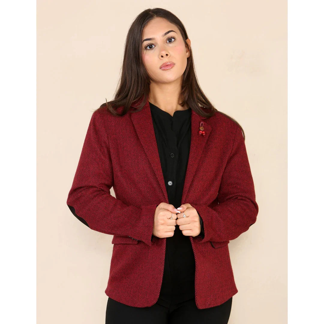Chaqueta tipo blazer de tweed con estampado de espiga para mujer, color rojo vino, estilo clásico de los años 20.