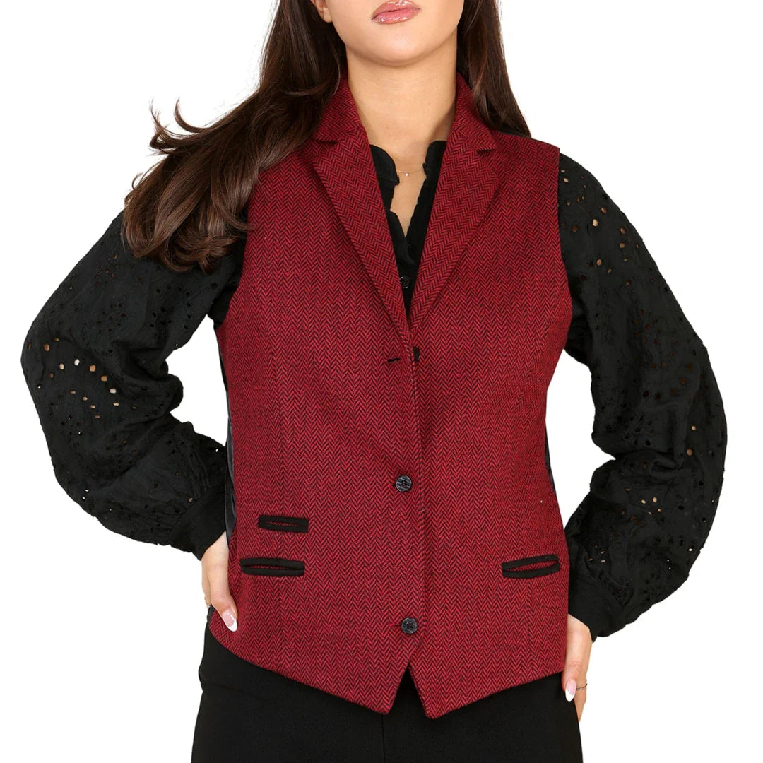 Chaleco de mujer de tweed con estampado de espiga, color rojo vino, estilo clásico de los años 20.