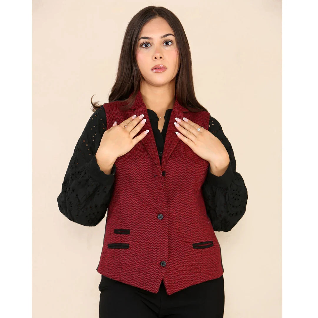 Chaleco de mujer de tweed con estampado de espiga, color rojo vino, estilo clásico de los años 20.
