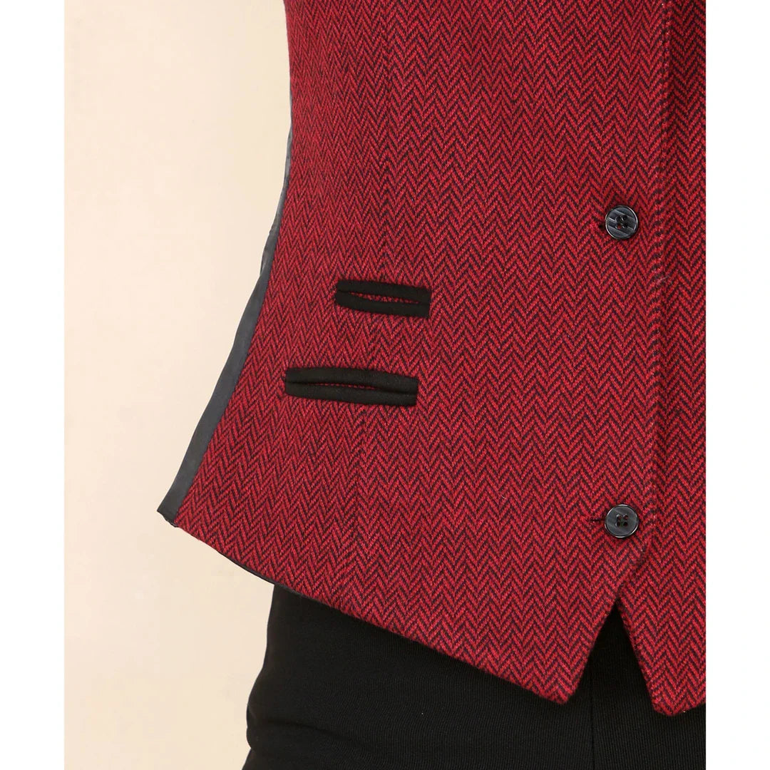 Chaleco de mujer de tweed con estampado de espiga, color rojo vino, estilo clásico de los años 20.