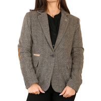 Blazer clásico de tweed con diseño de espiga para mujer, color marrón roble.