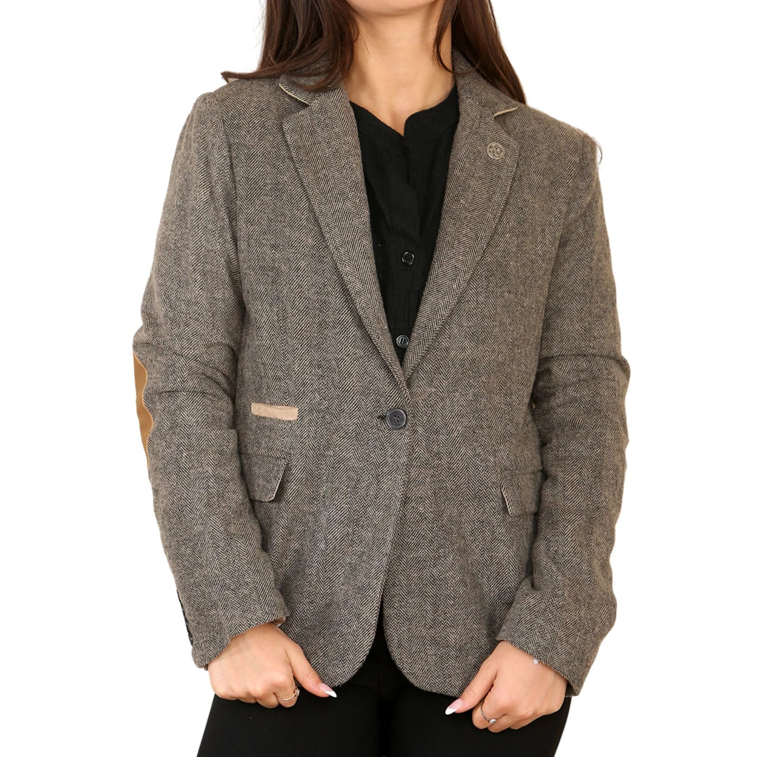 Blazer clásico de tweed con diseño de espiga para mujer, color marrón roble.