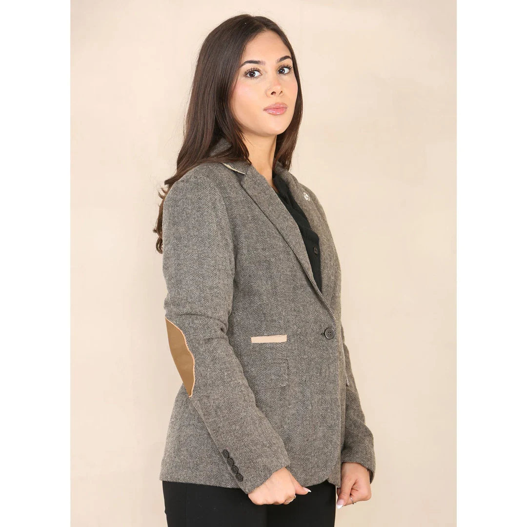 Blazer clásico de tweed con diseño de espiga para mujer, color marrón roble.