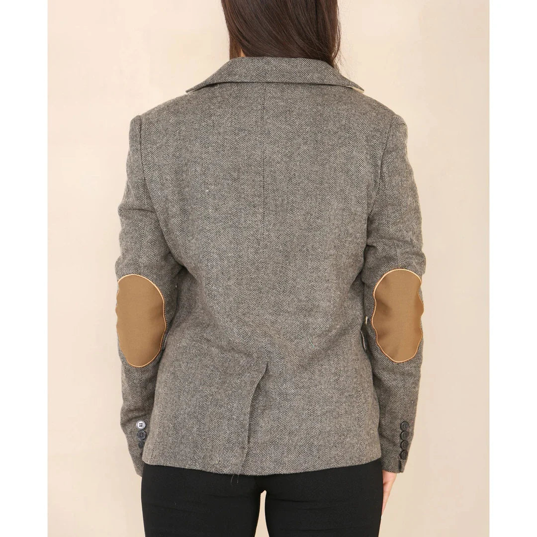 Blazer clásico de tweed con diseño de espiga para mujer, color marrón roble.