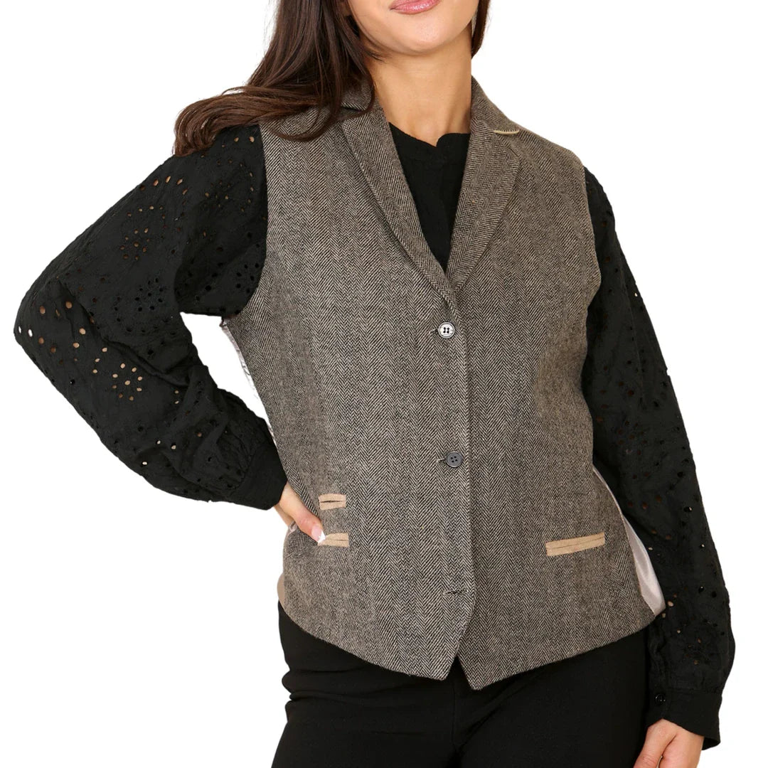Chaleco clásico de tweed con estampado de espiga para mujer, color marrón roble.