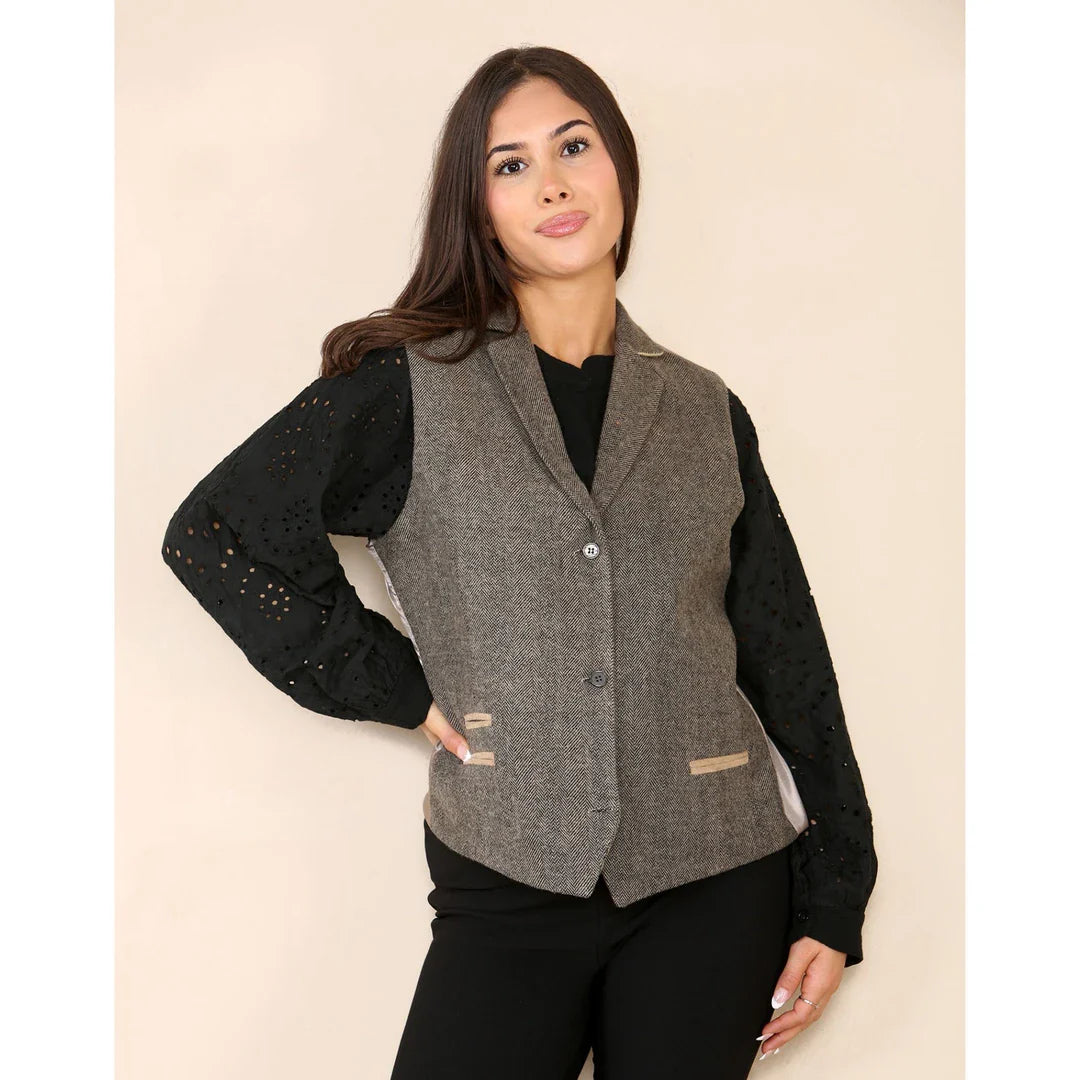 Chaleco clásico de tweed con estampado de espiga para mujer, color marrón roble.
