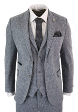 Traje de hombre de 3 piezas de tweed gris claro con estampado de espiga - STZ11