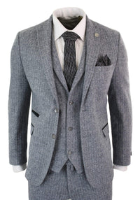 Traje de hombre de 3 piezas de tweed gris claro con estampado de espiga - STZ11