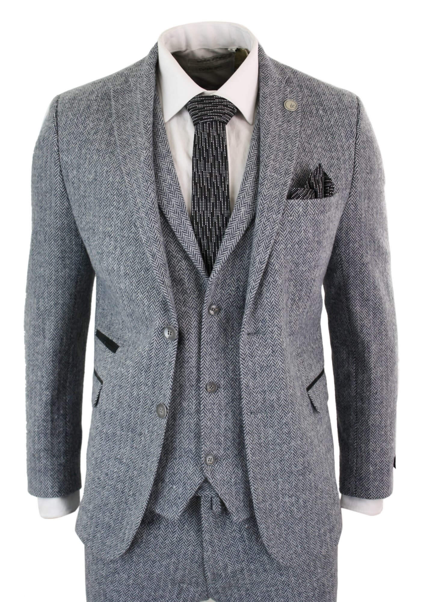 Traje de hombre de 3 piezas de tweed gris claro con estampado de espiga - STZ11
