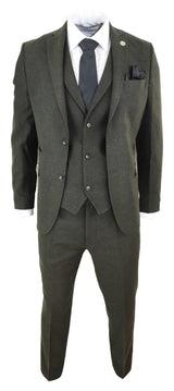 Traje de tres piezas de tweed de lana verde oliva para hombre - STZ11