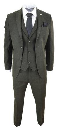 Traje de tres piezas de tweed de lana verde oliva para hombre - STZ11