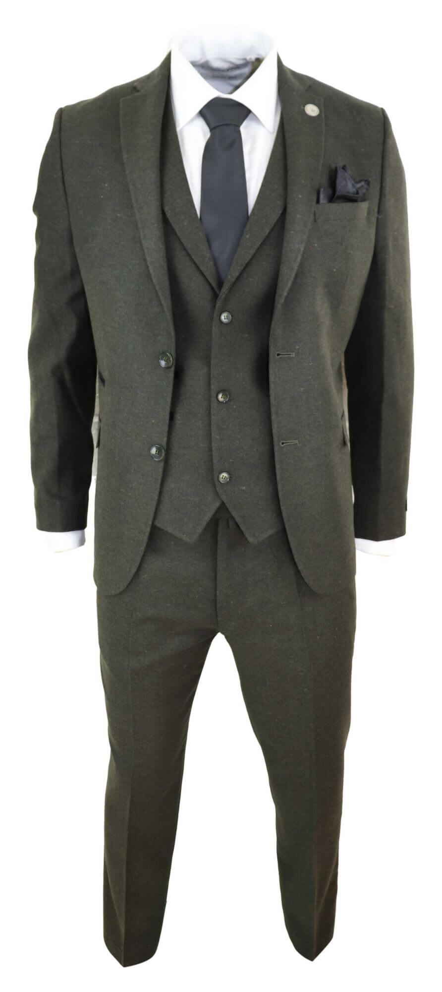 Traje de tres piezas de tweed de lana verde oliva para hombre - STZ11
