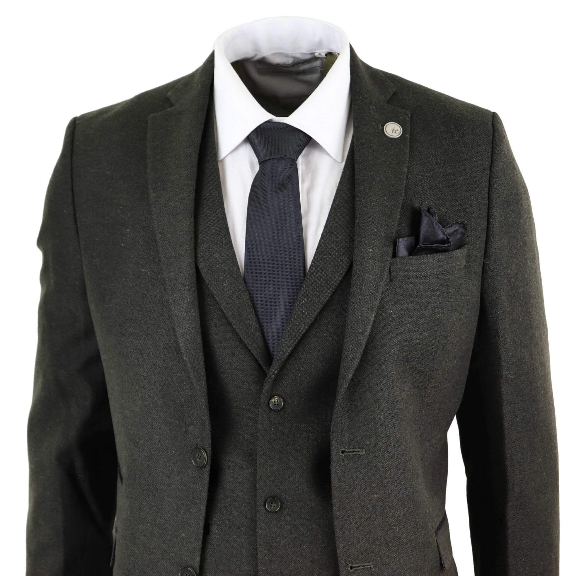 Traje de tres piezas de tweed de lana verde oliva para hombre - STZ11