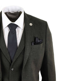 Traje de tres piezas de tweed de lana verde oliva para hombre - STZ11